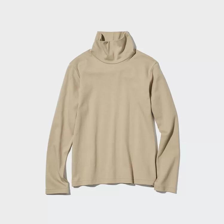Tops Uniqlo Smooth Stretch Cotton Turtleneck Long Sleeved Woman Beige - uniqlo-women, uniqlo-clothes-women, uniqlo-clothes-tops-women