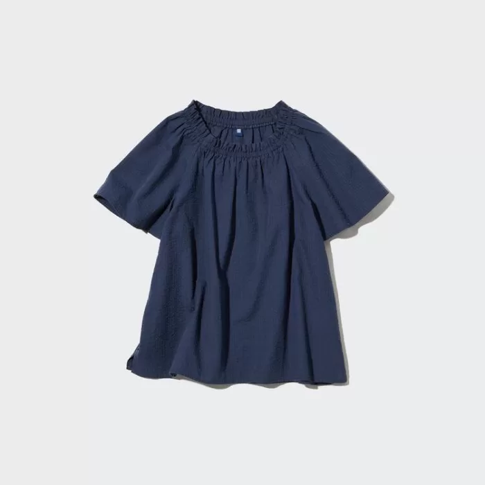 Uniqlo 100% Cotton Seersucker Short Sleeved Blouses for Boys Navy Blue