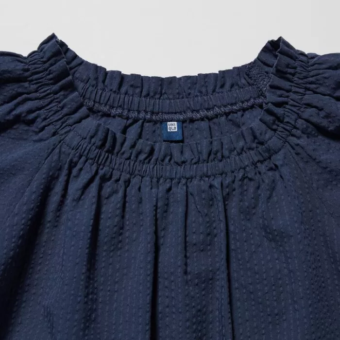 Uniqlo 100% Cotton Seersucker Short Sleeved Blouses for Boys Navy Blue