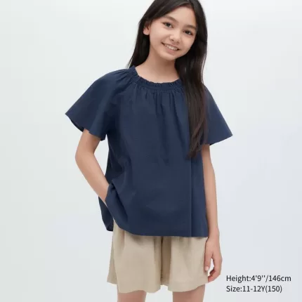Uniqlo 100% Cotton Seersucker Short Sleeved Blouses for Boys Navy Blue