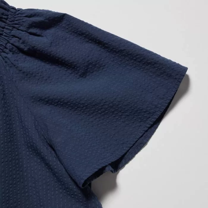 Uniqlo 100% Cotton Seersucker Short Sleeved Blouses for Boys Navy Blue