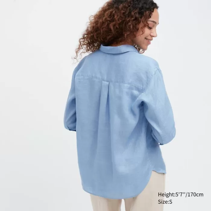 Uniqlo 100% Premium Linen Skipper Collar 3/4 Sleeved Women’s Shirts Blue