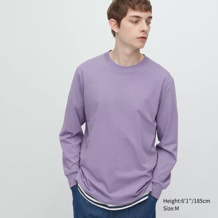 Uniqlo Airism Cotton Crew Neck Long Sleeved T-shirt Men Purple-WMF134092