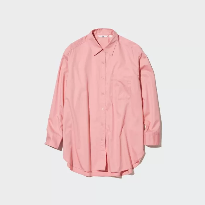 Uniqlo Cotton Twill Oversized Long Sleeved Women’s Shirts Pink