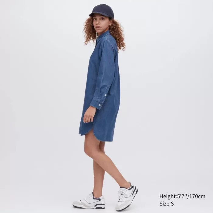 Uniqlo Denim Long Sleeved Dress Women Blue