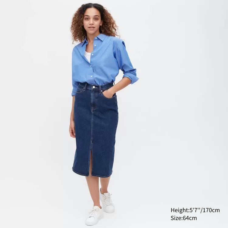 Uniqlo Denim Narrow Midi Skirt Women Blue-EXH271983