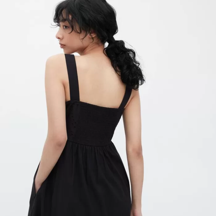Uniqlo Eyelet Cotton Sleeveless Midi Dress Women Black