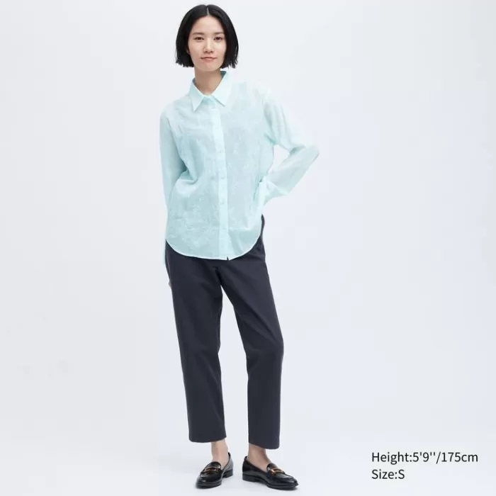 Uniqlo Ines De La Fressange Sheer Embroidered Long Sleeved Women’s Shirts Blue