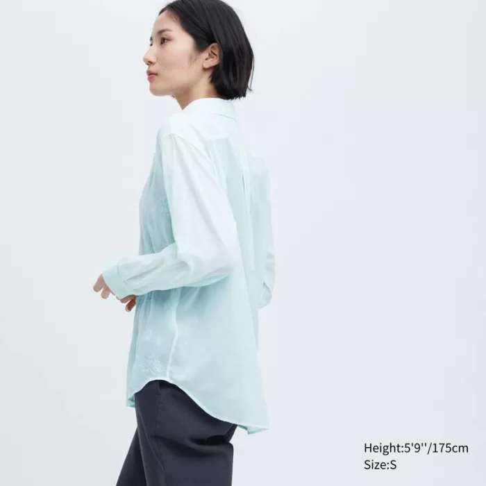 Uniqlo Ines De La Fressange Sheer Embroidered Long Sleeved Women’s Shirts Blue