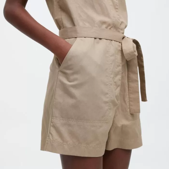 Uniqlo Linen Blend Short Sleeved Romper Dress Women Grey