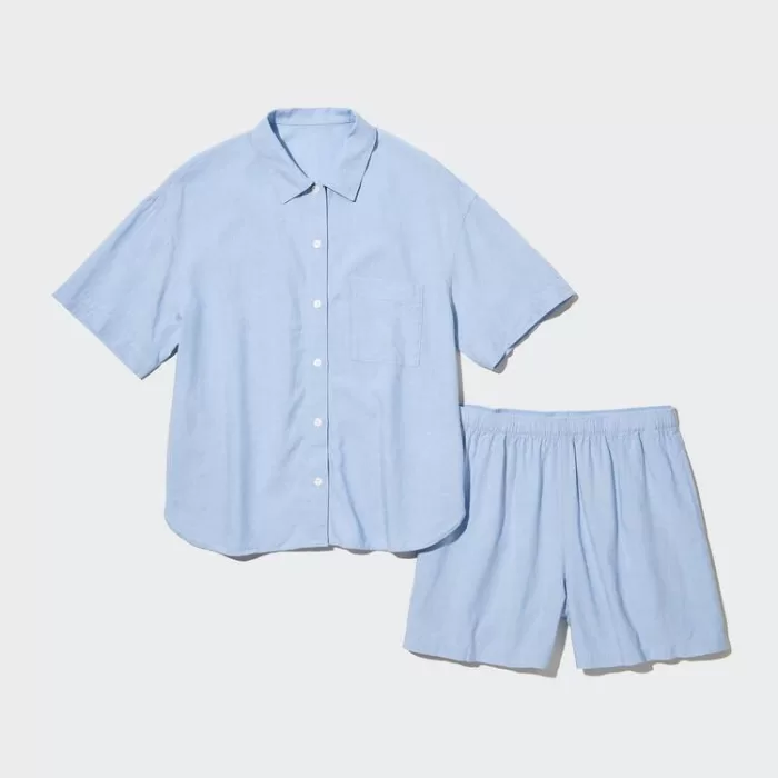 Uniqlo Linen Blend Short Sleeved Set Women’s Homewear Blue