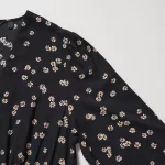 Uniqlo Printed V Neck Flared Long Sleeved Dress Women Black