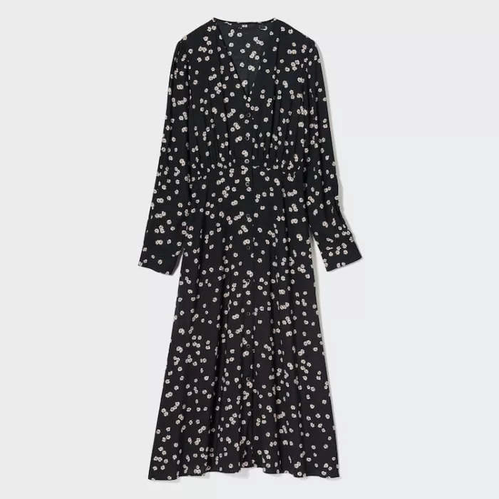 Uniqlo Printed V Neck Flared Long Sleeved Dress Women Black